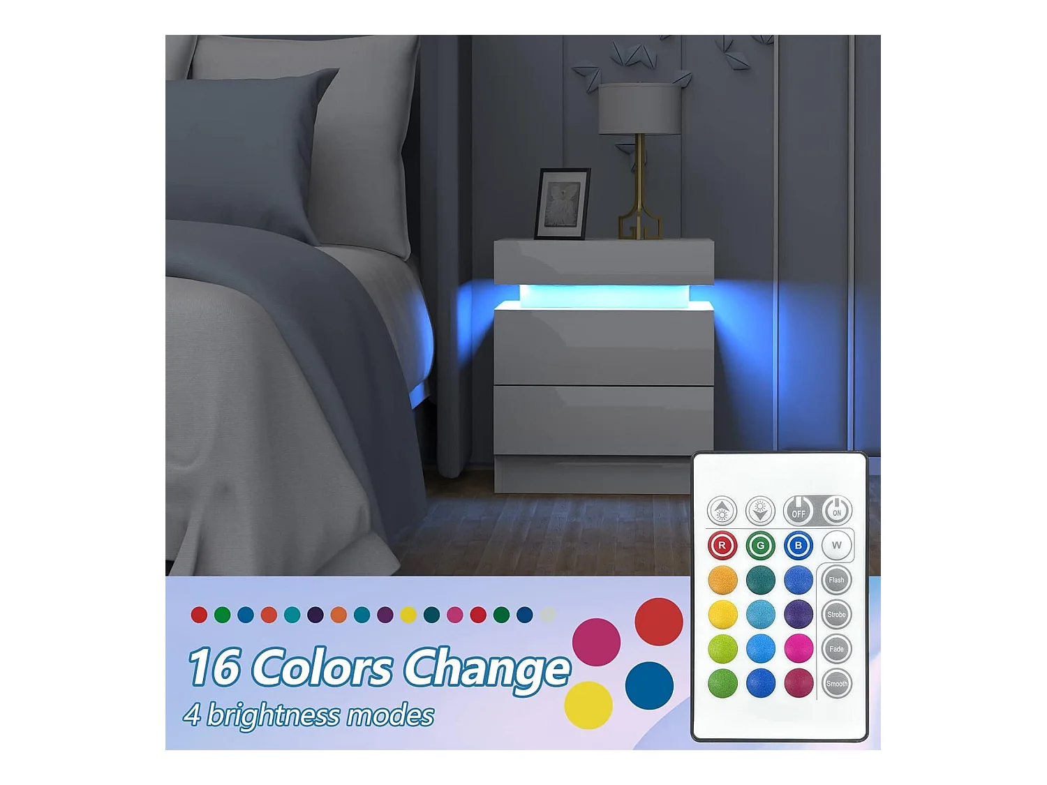 Hoogglans nachtkastje met LED-verlichting, kast met 2 lades, kledingkast, nachtkastje, slaapkamermeubilair - 45x35x52cm - wit