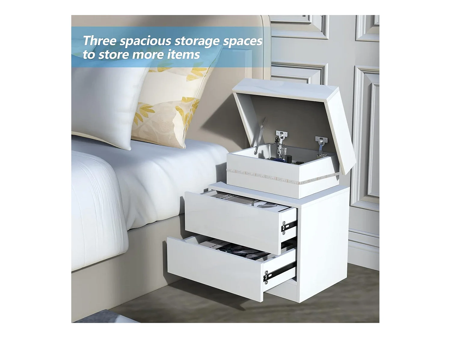 Hoogglans nachtkastje met LED-verlichting, kast met 2 lades, kledingkast, nachtkastje, slaapkamermeubilair - 45x35x52cm - wit