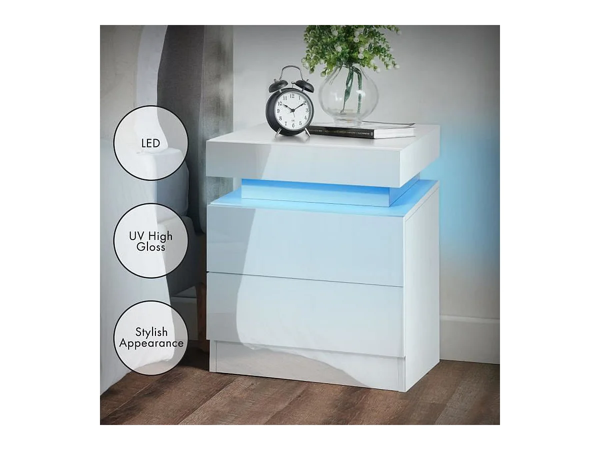 Hoogglans nachtkastje met LED-verlichting, kast met 2 lades, kledingkast, nachtkastje, slaapkamermeubilair - 45x35x52cm - wit