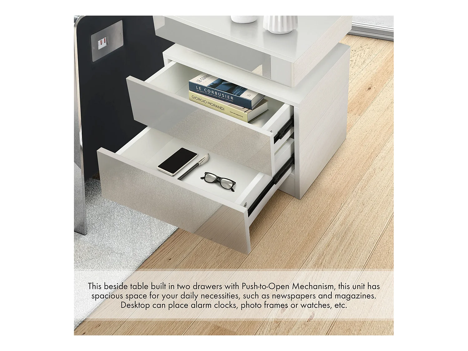 Hoogglans nachtkastje met LED-verlichting, kast met 2 lades, kledingkast, nachtkastje, slaapkamermeubilair - 45x35x52cm - wit