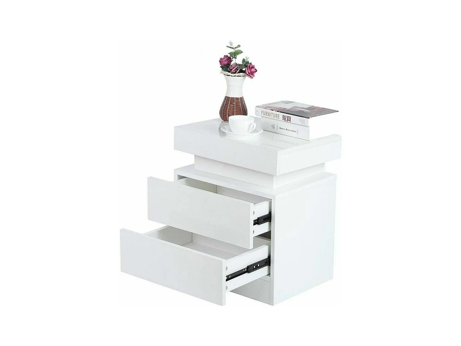 Hoogglans nachtkastje met LED-verlichting, kast met 2 lades, kledingkast, nachtkastje, slaapkamermeubilair - 45x35x52cm - wit