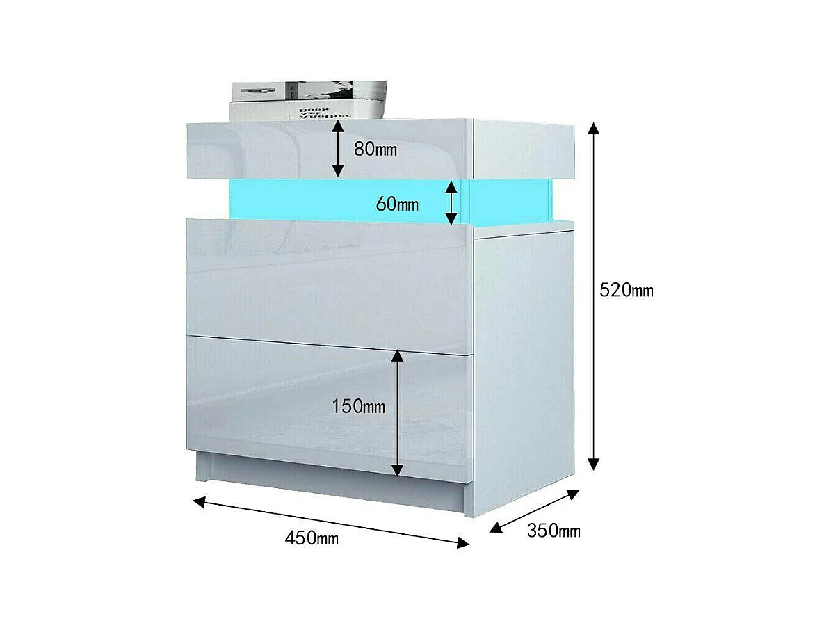 Hoogglans nachtkastje met LED-verlichting, kast met 2 lades, kledingkast, nachtkastje, slaapkamermeubilair - 45x35x52cm - wit