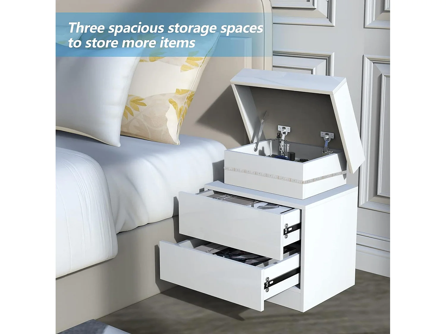 Table de chevet Haute Brillance avec LED Lumières,Armoire Commode 2 Tiroirs Table de Nuit Meuble de chambre - 45x35x52cm - Blanc