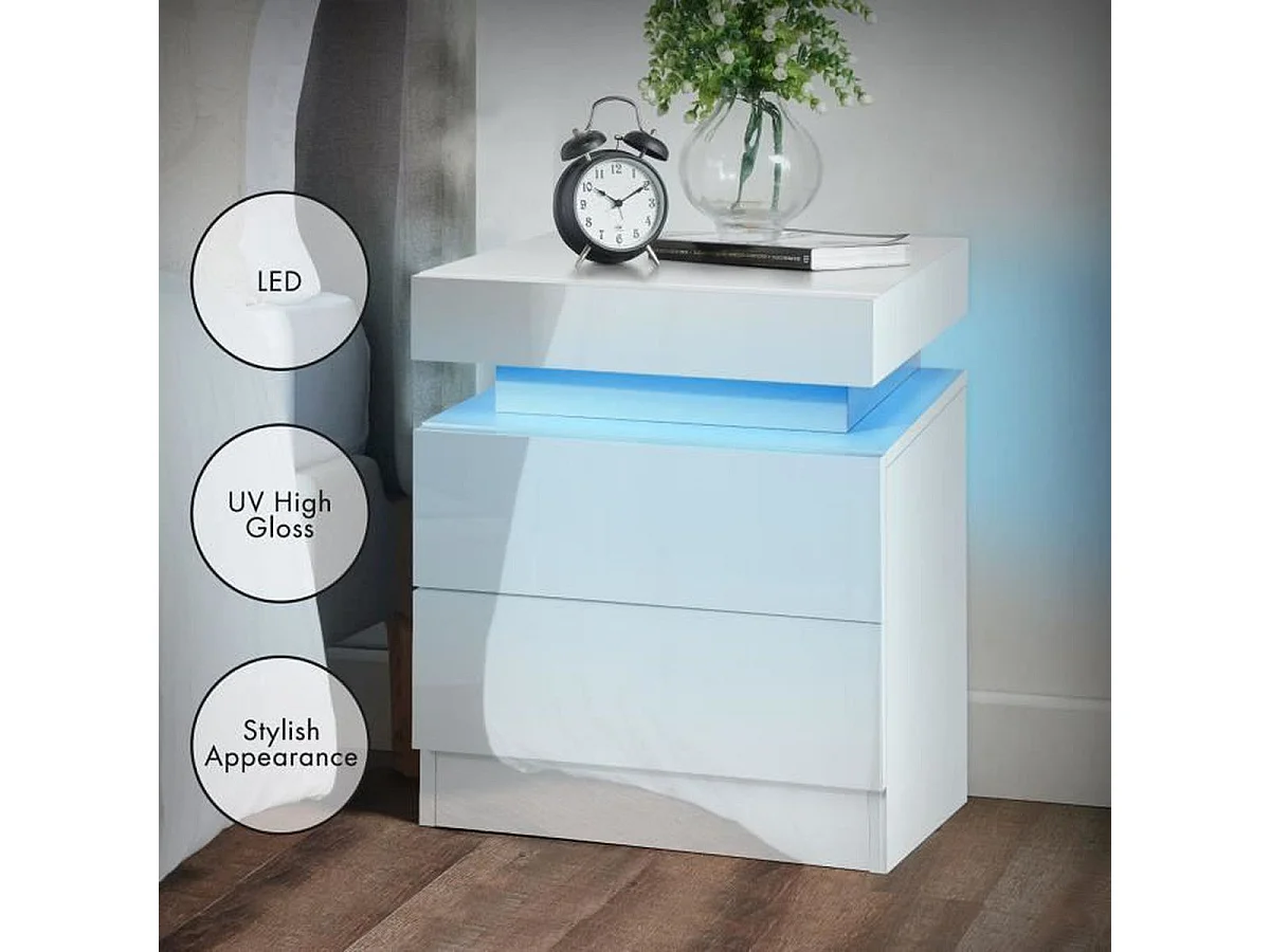 Table de chevet Haute Brillance avec LED Lumières,Armoire Commode 2 Tiroirs Table de Nuit Meuble de chambre - 45x35x52cm - Blanc