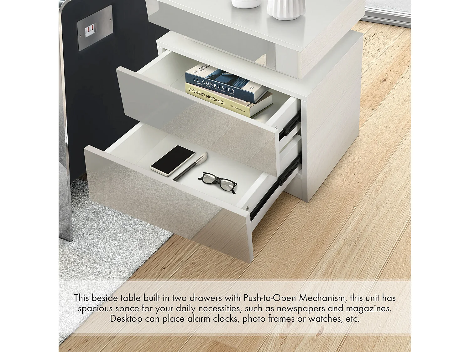 Table de chevet Haute Brillance avec LED Lumières,Armoire Commode 2 Tiroirs Table de Nuit Meuble de chambre - 45x35x52cm - Blanc