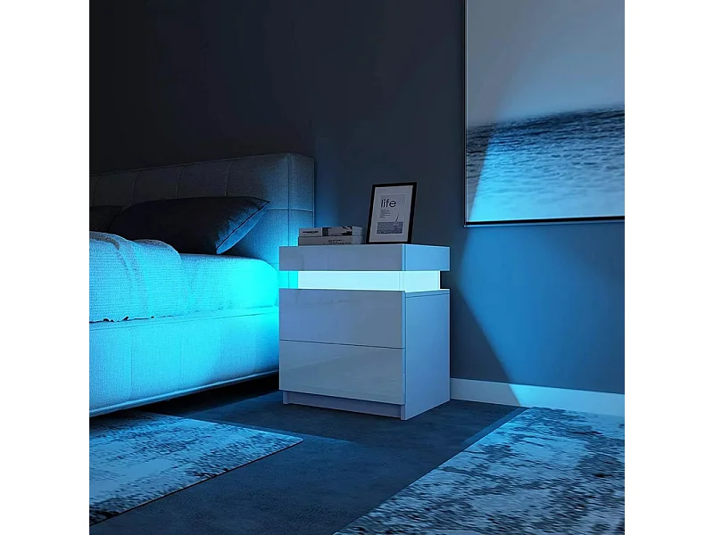 Table de chevet Haute Brillance avec LED Lumières,Armoire Commode 2 Tiroirs Table de Nuit Meuble de chambre - 45x35x52cm - Blanc