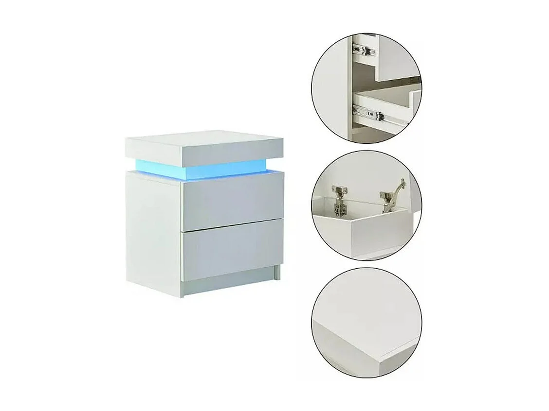 Table de chevet Haute Brillance avec LED Lumières,Armoire Commode 2 Tiroirs Table de Nuit Meuble de chambre - 45x35x52cm - Blanc