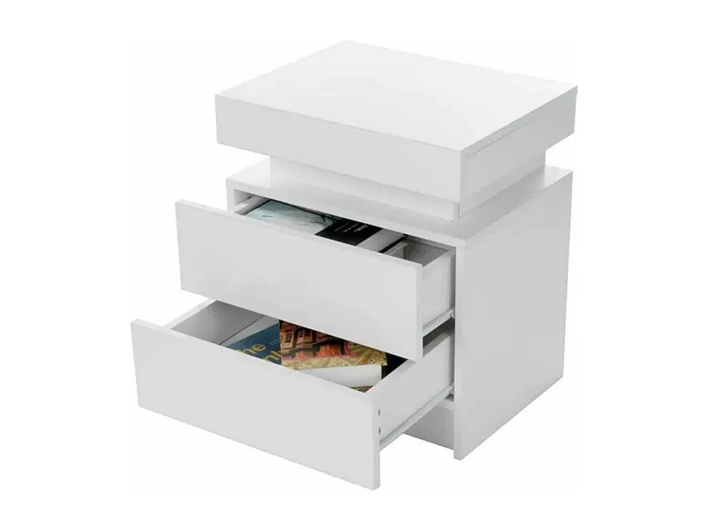 Table de chevet Haute Brillance avec LED Lumières,Armoire Commode 2 Tiroirs Table de Nuit Meuble de chambre - 45x35x52cm - Blanc