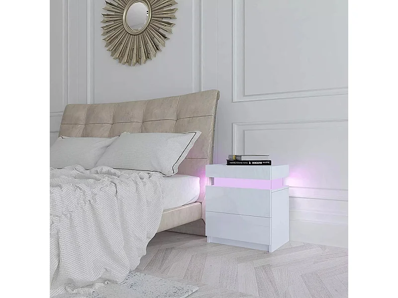Table de chevet Haute Brillance avec LED Lumières,Armoire Commode 2 Tiroirs Table de Nuit Meuble de chambre - 45x35x52cm - Blanc