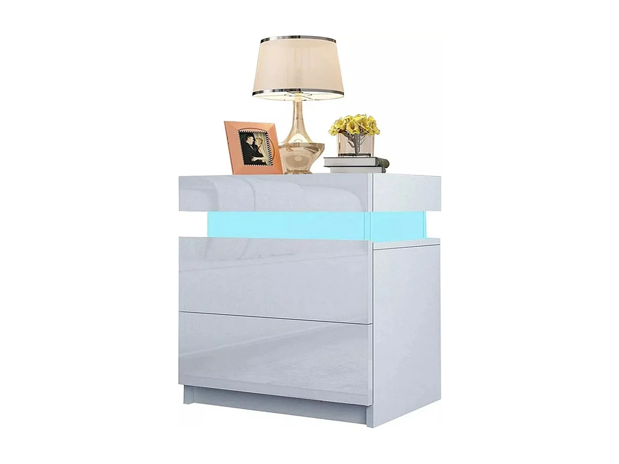 Table de chevet Haute Brillance avec LED Lumières,Armoire Commode 2 Tiroirs Table de Nuit Meuble de chambre - 45x35x52cm - Blanc