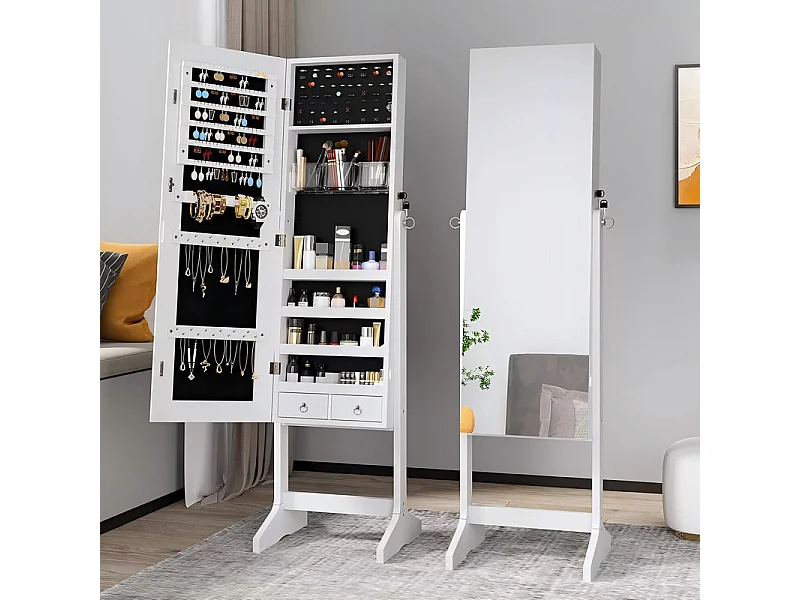 Armoire à bijoux avec grand miroir et verrouillable, 2 tiroirs, en bois naturel blanc et velours, 41,5x36,5x156cm