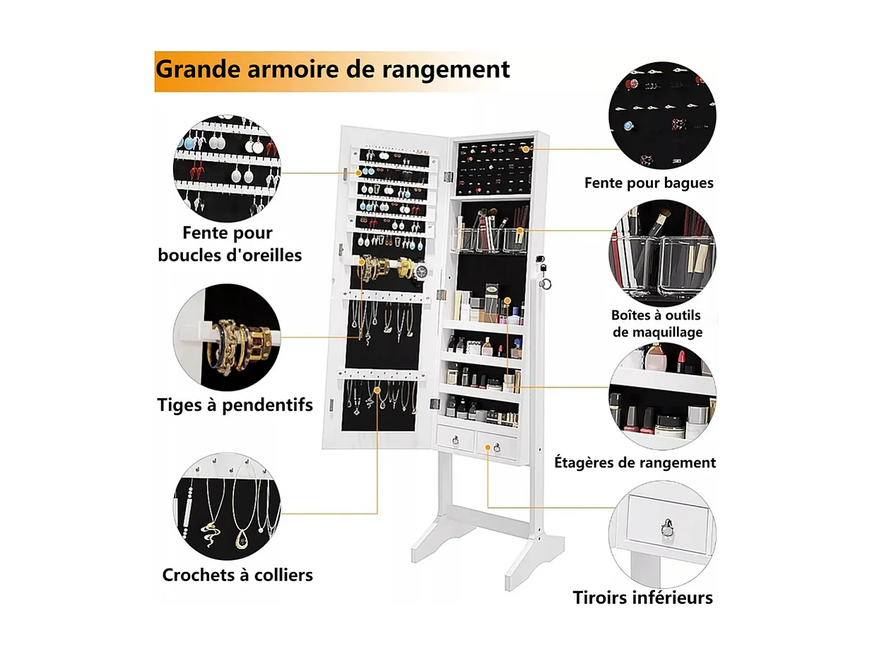 Armoire à bijoux avec grand miroir et verrouillable, 2 tiroirs, en bois naturel blanc et velours, 41,5x36,5x156cm