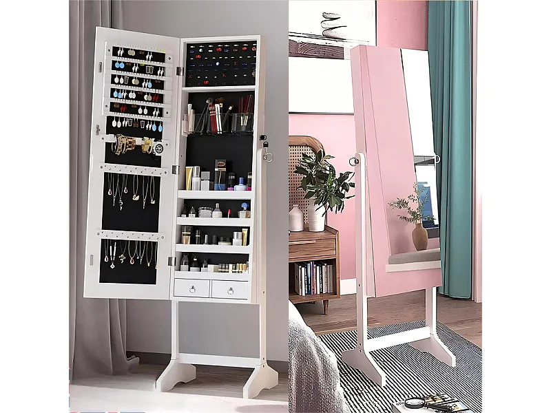 Armoire à bijoux avec grand miroir et verrouillable, 2 tiroirs, en bois naturel blanc et velours, 41,5x36,5x156cm