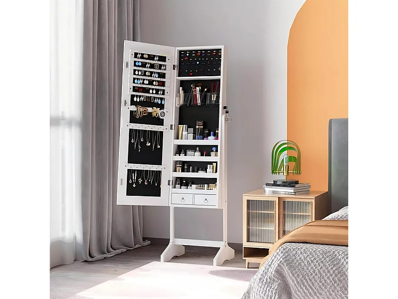 Armoire à bijoux avec grand miroir et verrouillable, 2 tiroirs, en bois naturel blanc et velours, 41,5x36,5x156cm