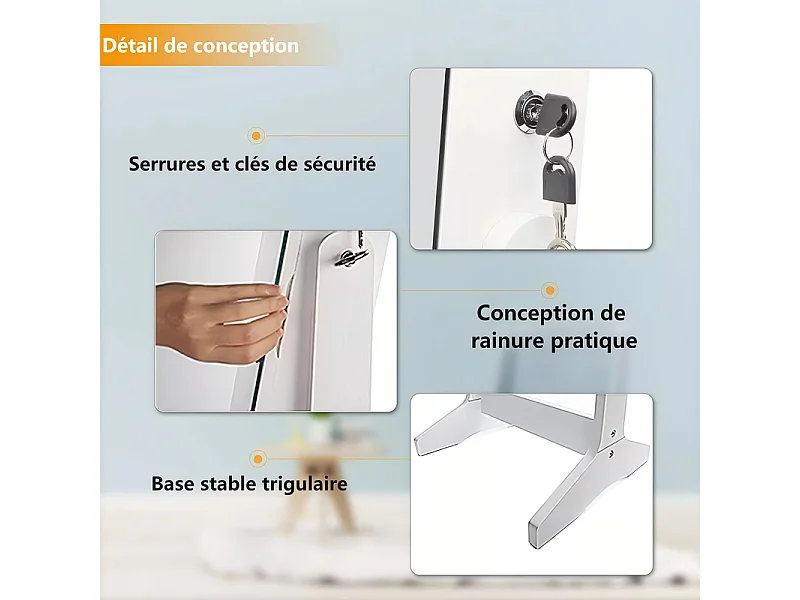 Armoire à bijoux avec grand miroir et verrouillable, 2 tiroirs, en bois naturel blanc et velours, 41,5x36,5x156cm