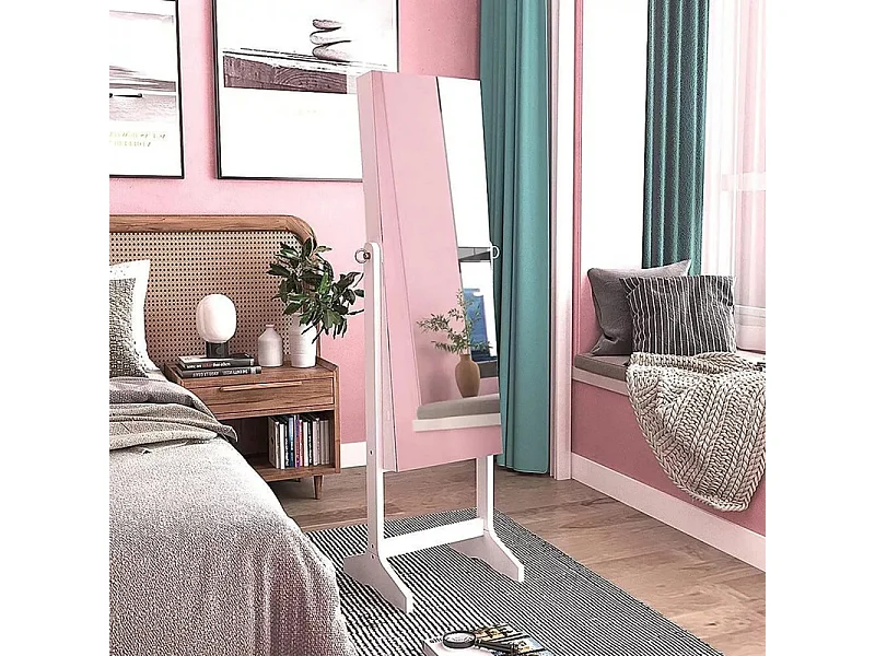 Armoire à bijoux avec grand miroir et verrouillable, 2 tiroirs, en bois naturel blanc et velours, 41,5x36,5x156cm
