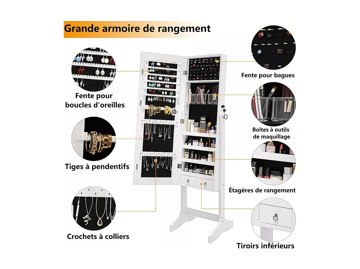 2 in 1 sieradenkast met spiegel, vrijstaande opbergkast, grote capaciteit, sieradenopslag, plank, H 152CM, wit