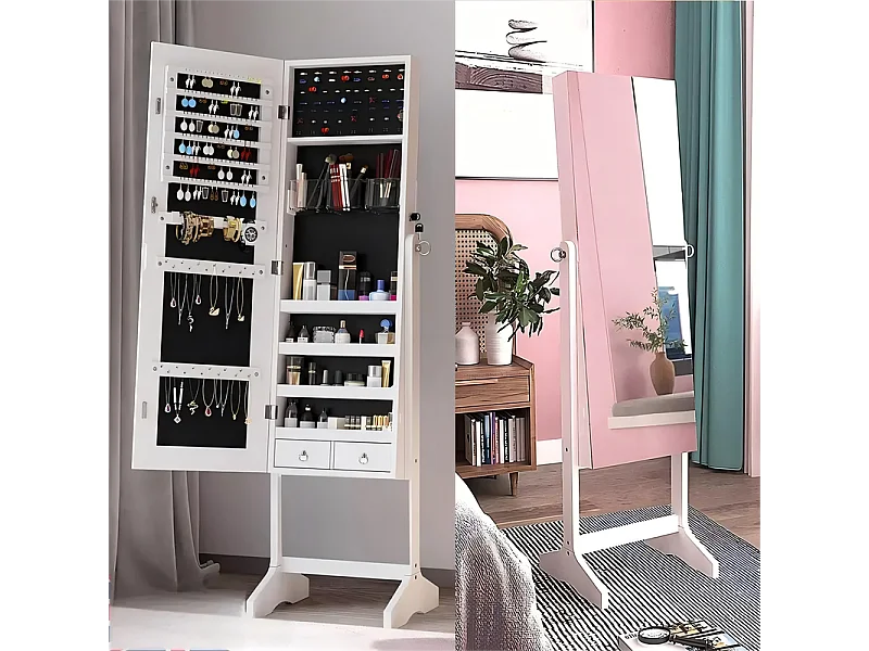 2 in 1 sieradenkast met spiegel, vrijstaande opbergkast, grote capaciteit, sieradenopslag, plank, H 152CM, wit
