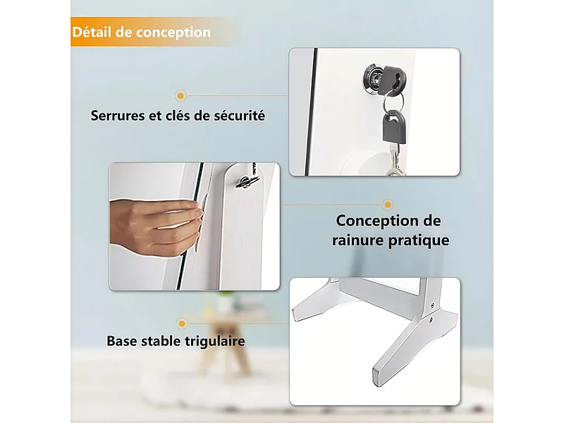 2 in 1 sieradenkast met spiegel, vrijstaande opbergkast, grote capaciteit, sieradenopslag, plank, H 152CM, wit