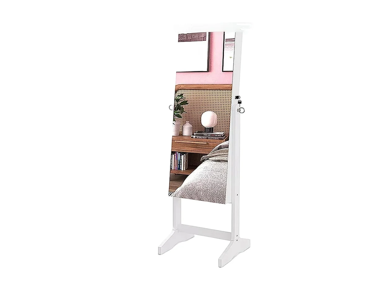 Armoire à bijoux avec grand miroir et verrouillable, 2 tiroirs, en bois naturel blanc et velours, 41,5x36,5x156cm