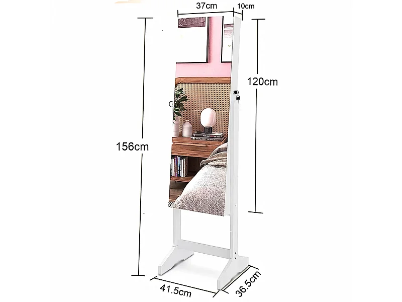Armoire à bijoux avec grand miroir et verrouillable, 2 tiroirs, en bois naturel blanc et velours, 41,5x36,5x156cm