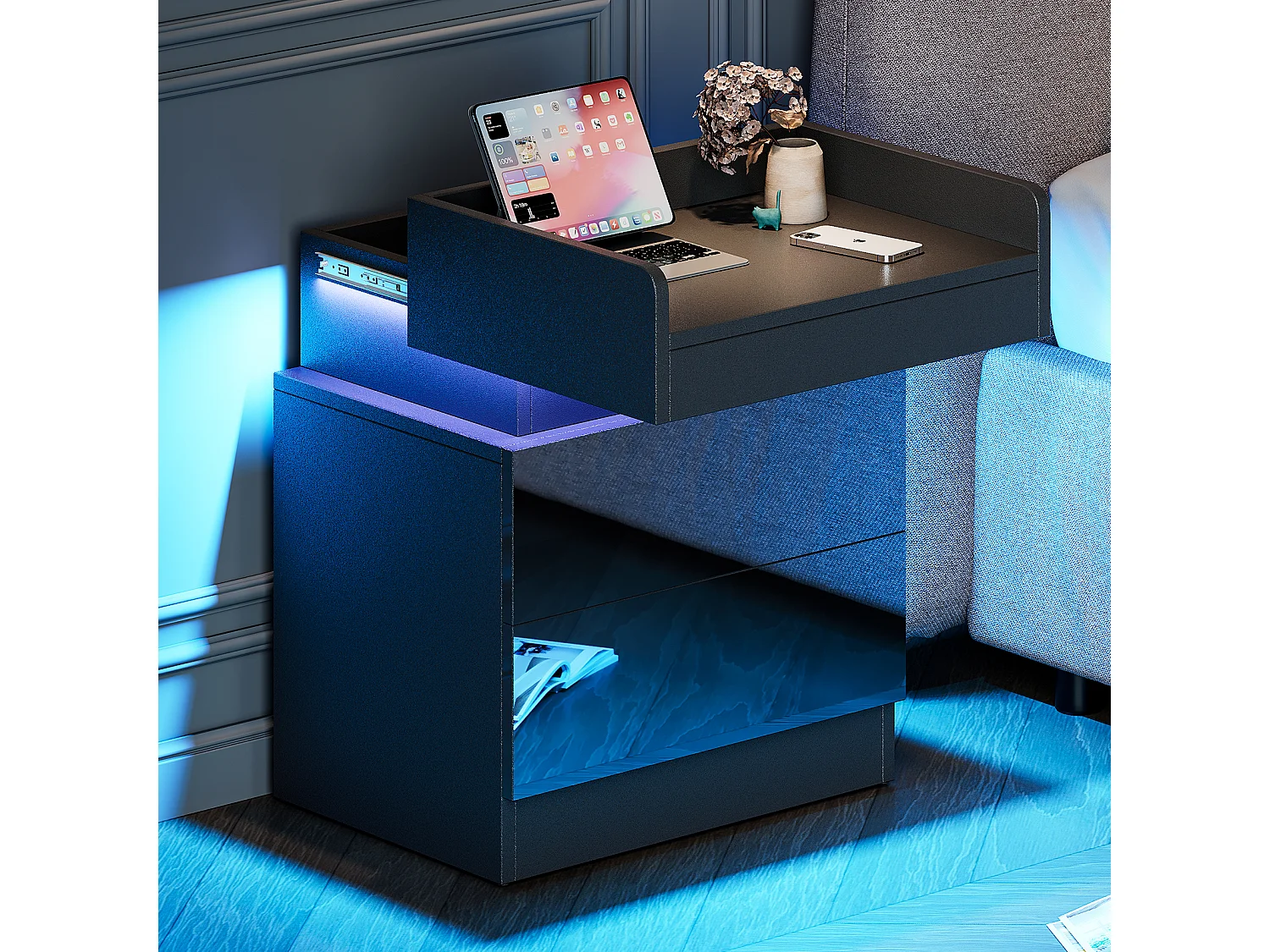 Table de Chevet avec Bande LED Multicolore et 2 tiroirs de rangement,Chevet avec Espace de stockage au niveau supérieur,45x33.5x58cm,Noir