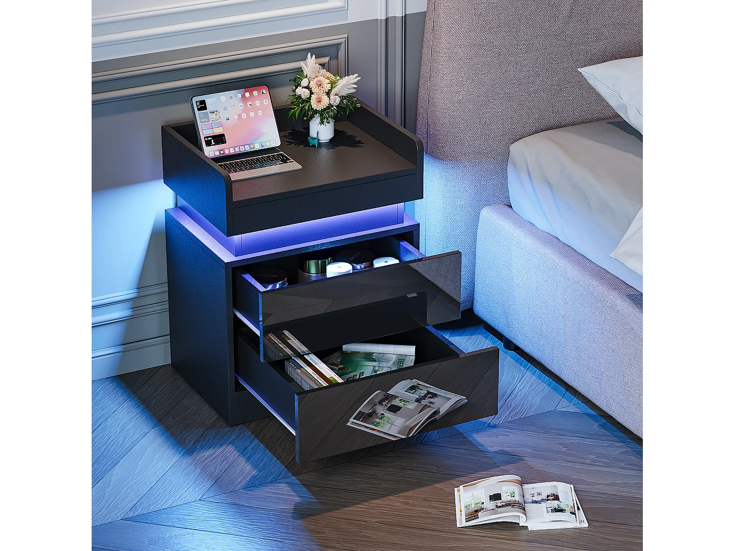 Table de Chevet avec Bande LED Multicolore et 2 tiroirs de rangement,Chevet avec Espace de stockage au niveau supérieur,45x33.5x58cm,Noir