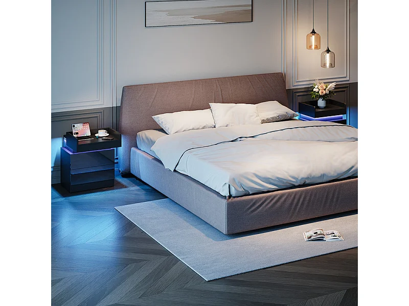 Mesa de noche con tira LED multicolor y 2 cajones de almacenamiento, cama de noche con espacio de almacenamiento en el nivel superior, 45x33.5x58 cm, negro