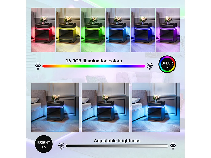 Mesa de noche con tira LED multicolor y 2 cajones de almacenamiento, cama de noche con espacio de almacenamiento en el nivel superior, 45x33.5x58 cm, negro