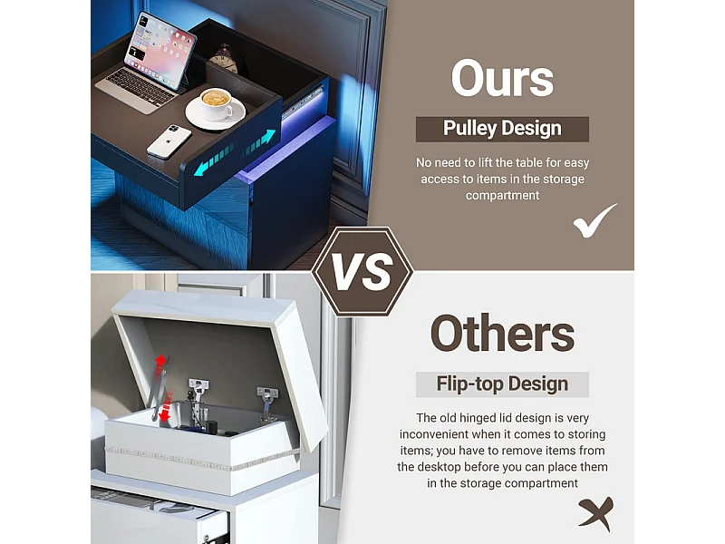 Mesa de noche con tira LED multicolor y 2 cajones de almacenamiento, cama de noche con espacio de almacenamiento en el nivel superior, 45x33.5x58 cm, negro