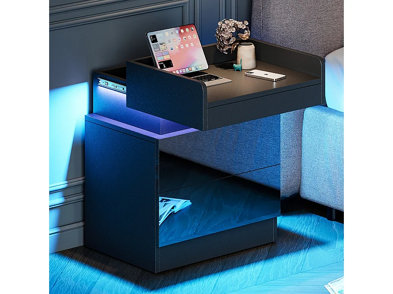 Mesa de noche con tira LED multicolor y 2 cajones de almacenamiento, cama de noche con espacio de almacenamiento en el nivel superior, 45x33.5x58 cm, negro