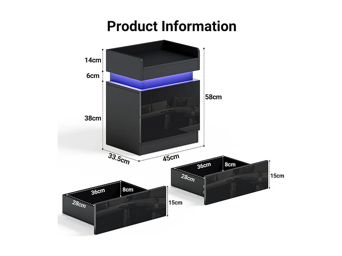 Mesa de noche con tira LED multicolor y 2 cajones de almacenamiento, cama de noche con espacio de almacenamiento en el nivel superior, 45x33.5x58 cm, negro