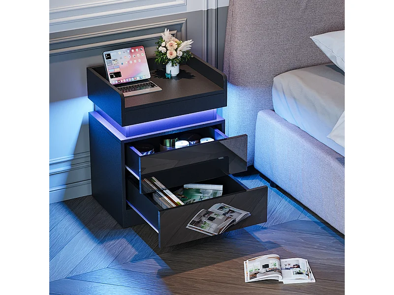 Mesa de noche con tira LED multicolor y 2 cajones de almacenamiento, cama de noche con espacio de almacenamiento en el nivel superior, 45x33.5x58 cm, negro
