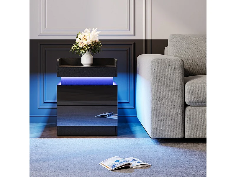 Mesa de noche con tira LED multicolor y 2 cajones de almacenamiento, cama de noche con espacio de almacenamiento en el nivel superior, 45x33.5x58 cm, negro
