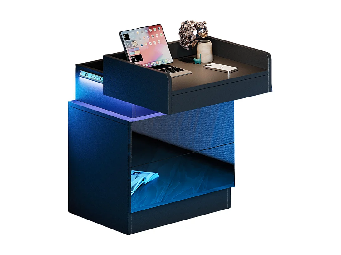 Mesa de noche con tira LED multicolor y 2 cajones de almacenamiento, cama de noche con espacio de almacenamiento en el nivel superior, 45x33.5x58 cm, negro