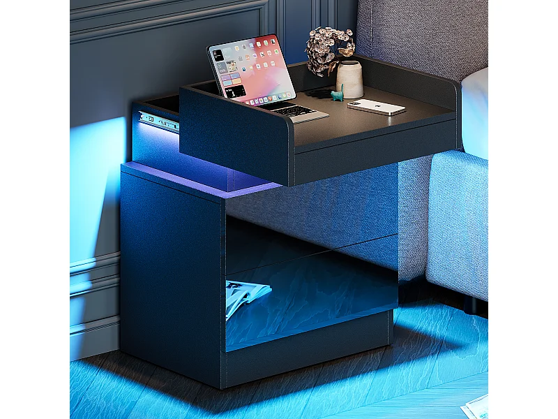 Table de Chevet avec Bande LED Multicolore et 2 tiroirs de rangement,Chevet avec Espace de stockage au niveau supérieur,45x33.5x58cm,Noir