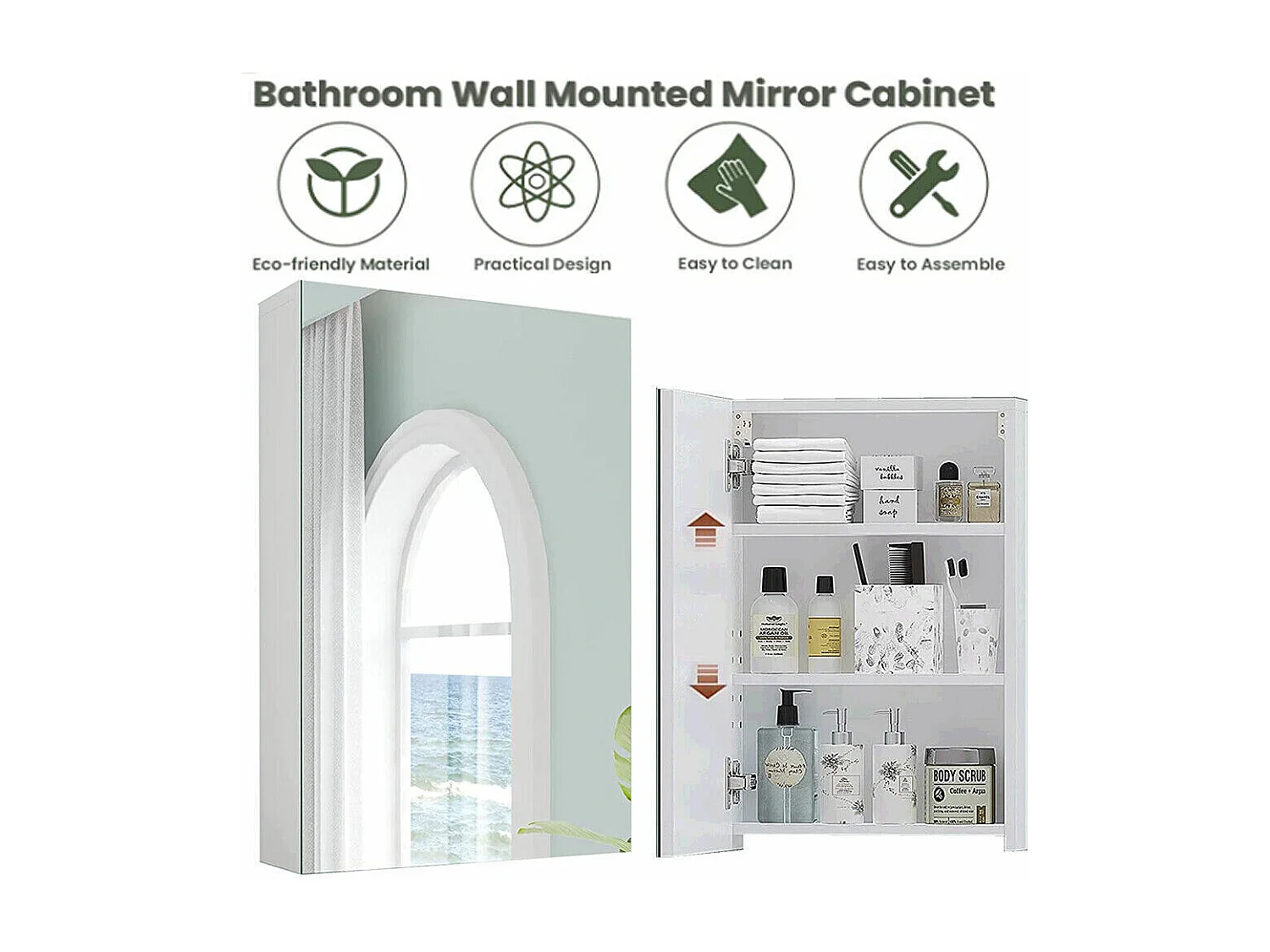 Armoire Miroir de Salle de Bain,Armoire Murale avec Miroir - 3 Étagères - 50x30x12cm - Blanc