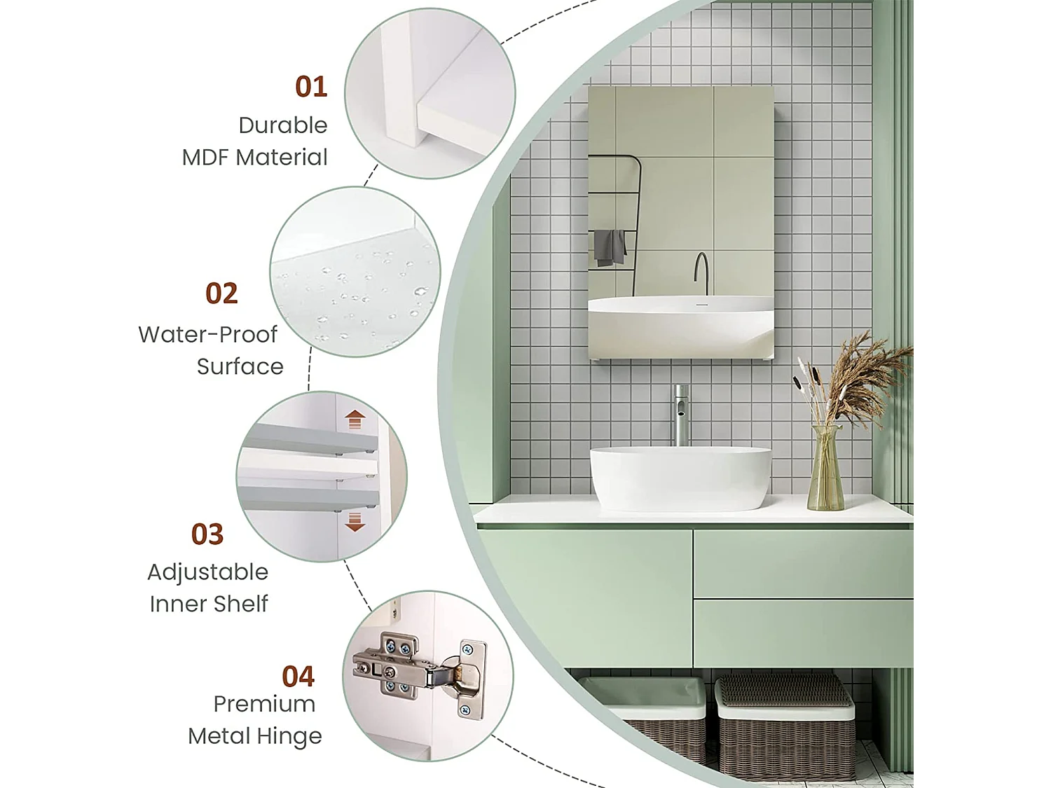 Armoire Miroir de Salle de Bain,Armoire Murale avec Miroir - 3 Étagères - 50x30x12cm - Blanc