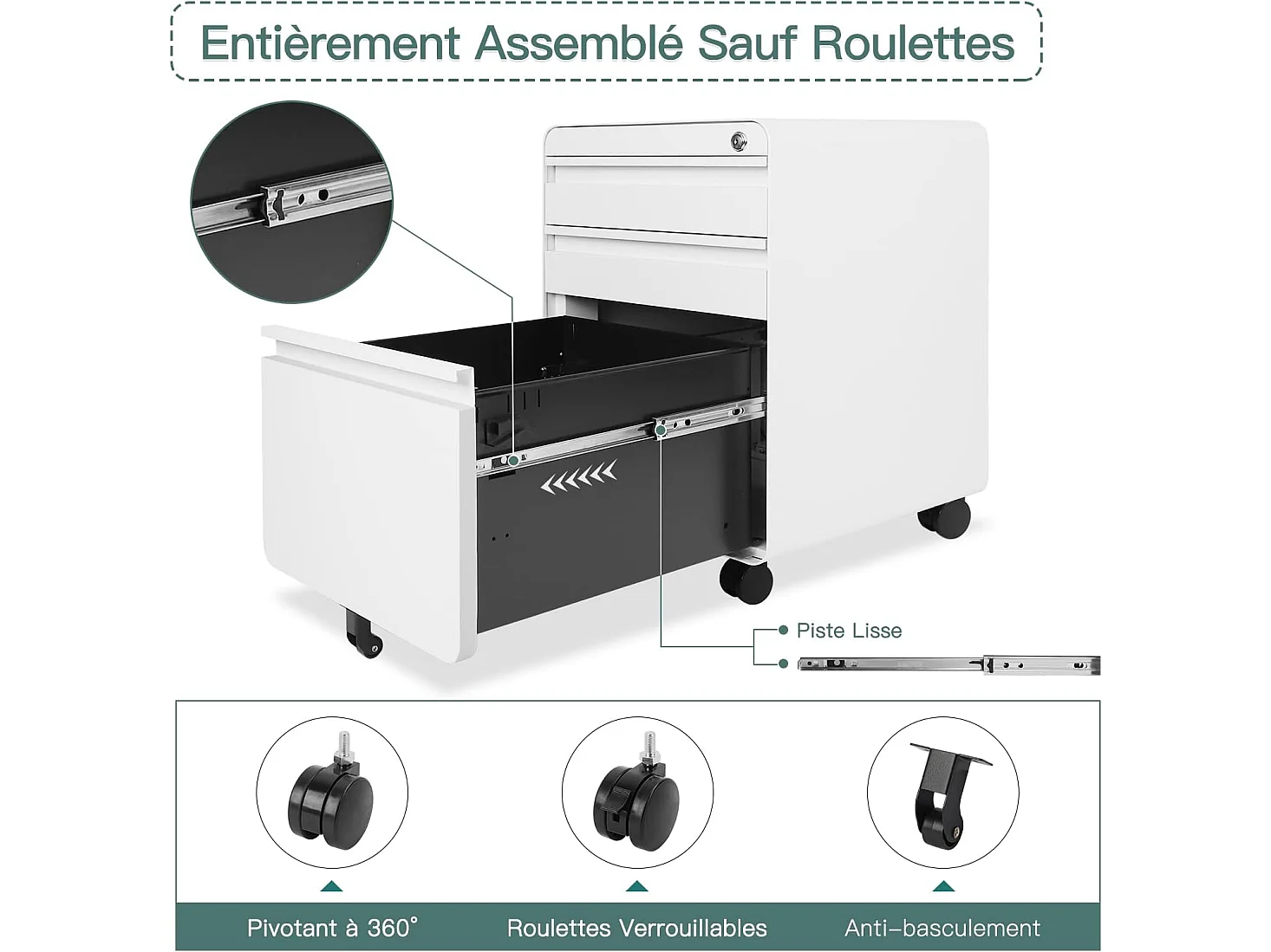 Caisson de Bureau à Roulette 3 Tiroirs,Meuble Dossier Suspendu,Classeur Métal Verrouillable pour Bureau,Bureau à Domicile - 40x45x60cm - Blanc