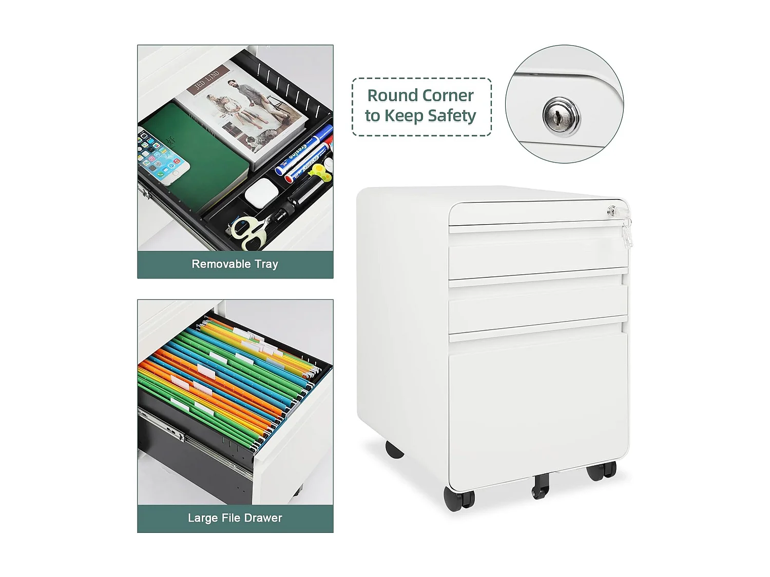 Caisson de Bureau à Roulette 3 Tiroirs,Meuble Dossier Suspendu,Classeur Métal Verrouillable pour Bureau,Bureau à Domicile - 40x45x60cm - Blanc