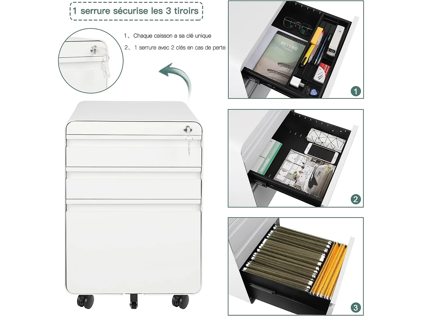 Caisson de Bureau à Roulette 3 Tiroirs,Meuble Dossier Suspendu,Classeur Métal Verrouillable pour Bureau,Bureau à Domicile - 40x45x60cm - Blanc