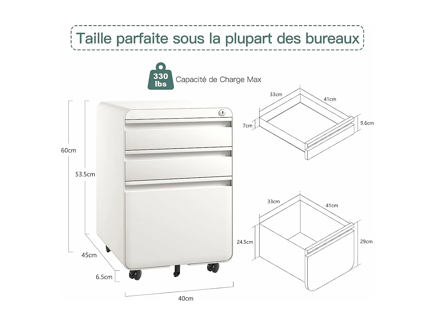 Caisson de Bureau à Roulette 3 Tiroirs,Meuble Dossier Suspendu,Classeur Métal Verrouillable pour Bureau,Bureau à Domicile - 40x45x60cm - Blanc