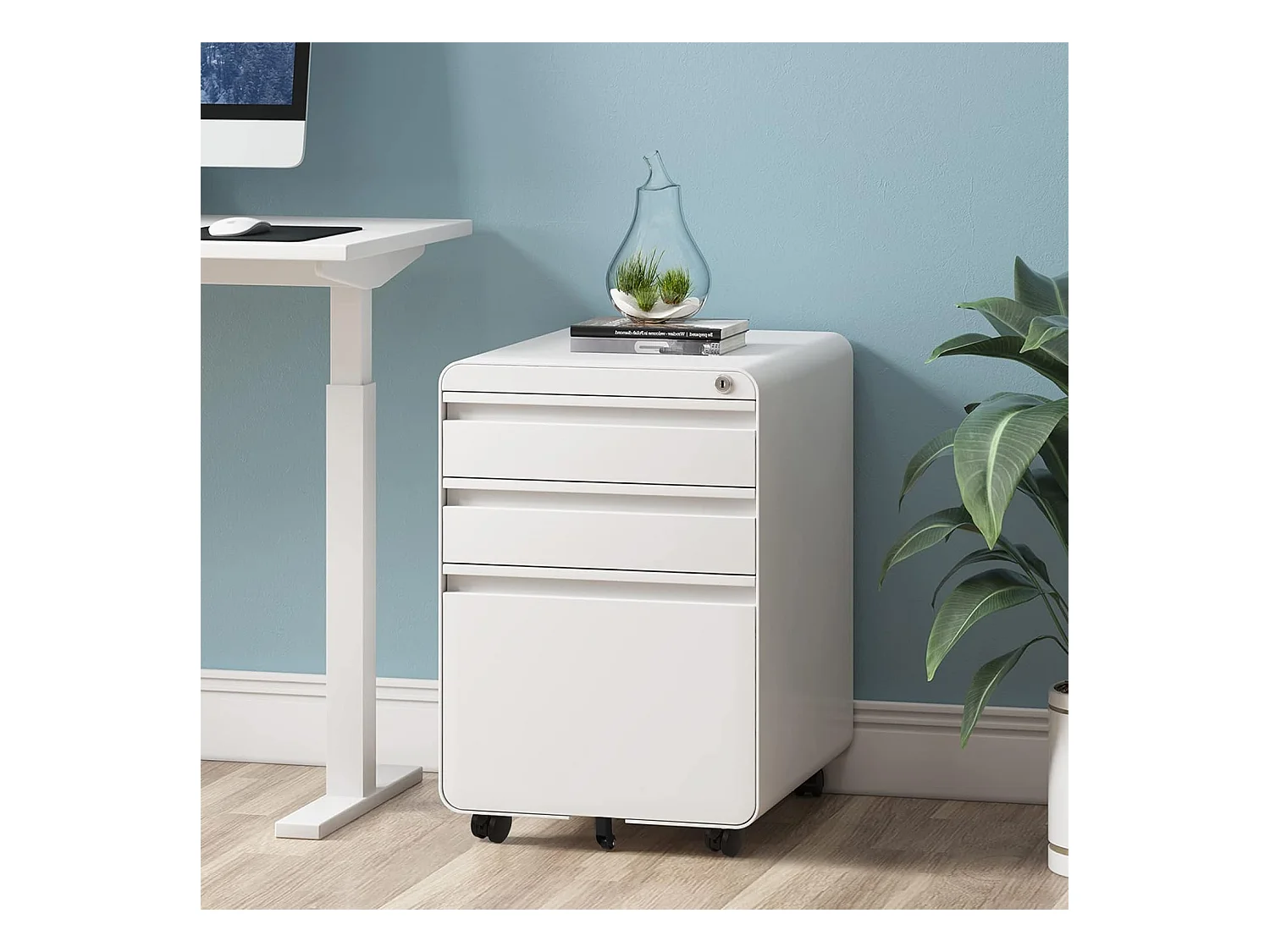 Desktop de ruleta de 3 más gotas, gabinete colgante de retroceso, libro de trabajo de metal cerrable para escritorio, oficina en casa - 40x45x60cm - blanco