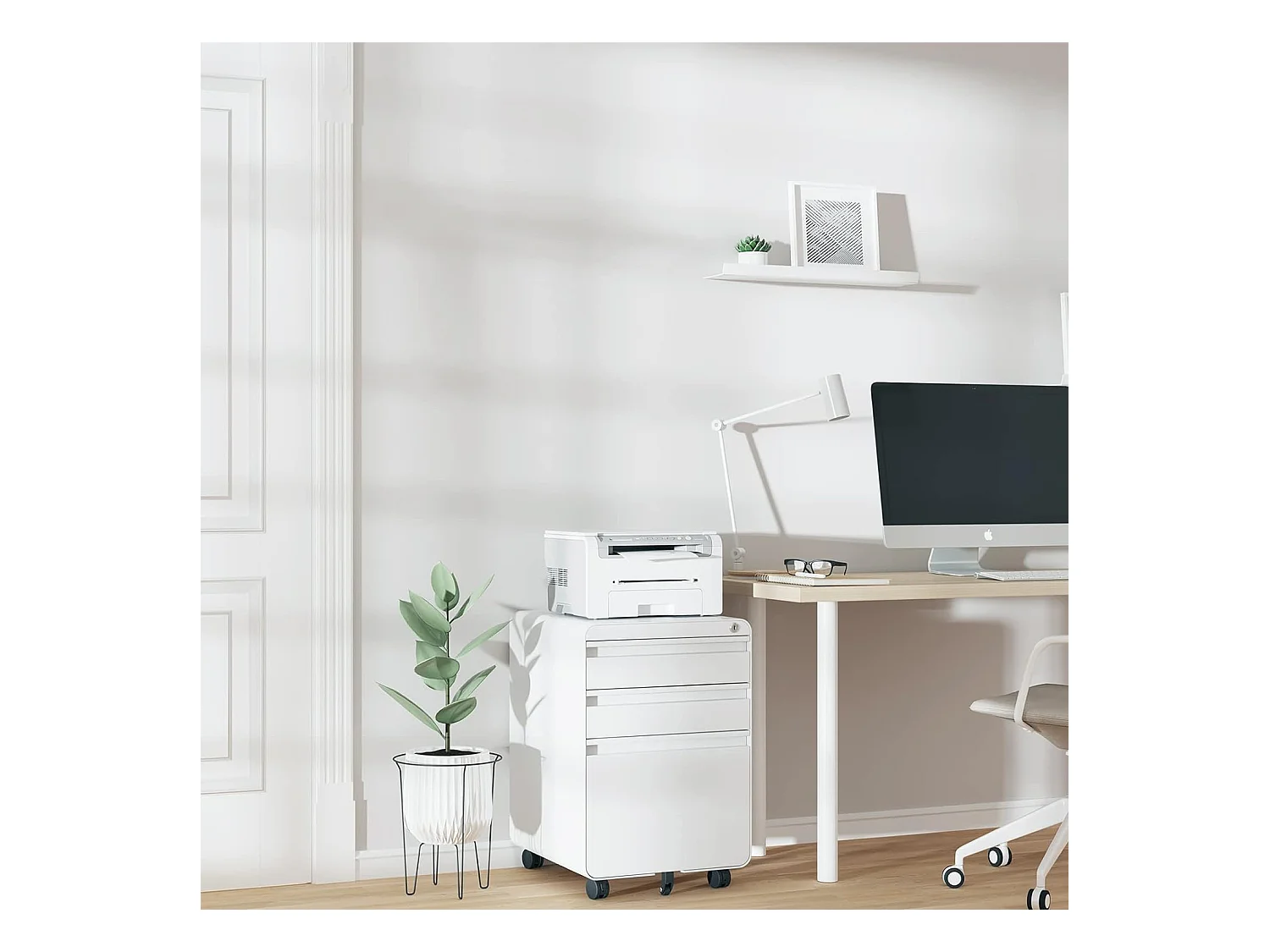 Kantooreenheid op wielen met 3 laden, hangende archiefkast, afsluitbare metalen archiefkast voor kantoor, thuiskantoor - 40x45x60cm - wit