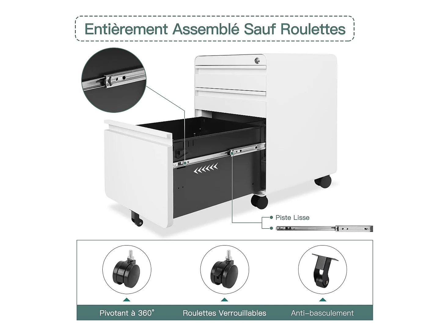 Kantooreenheid op wielen met 3 laden, hangende archiefkast, afsluitbare metalen archiefkast voor kantoor, thuiskantoor - 40x45x60cm - wit