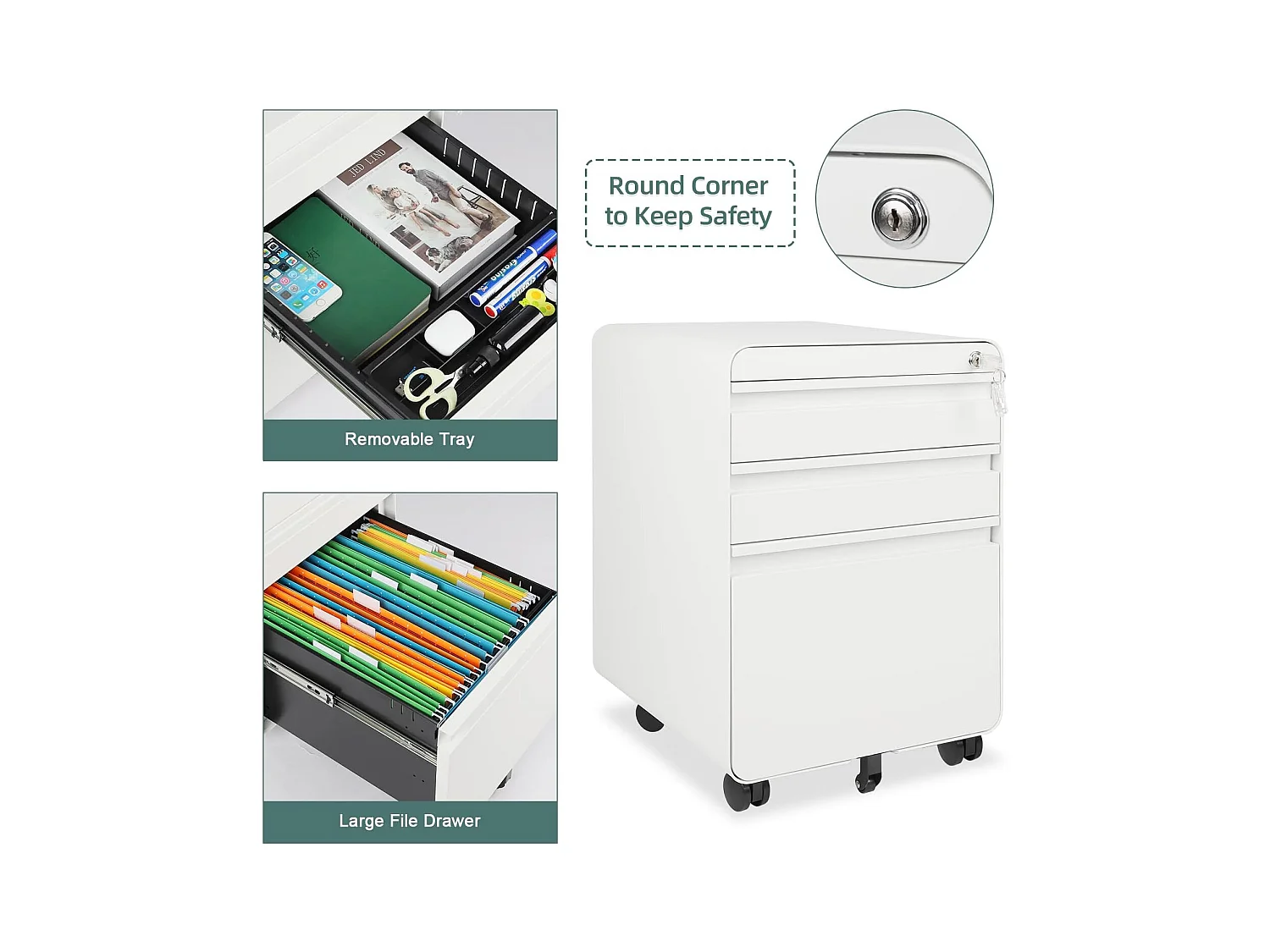 Kantooreenheid op wielen met 3 laden, hangende archiefkast, afsluitbare metalen archiefkast voor kantoor, thuiskantoor - 40x45x60cm - wit