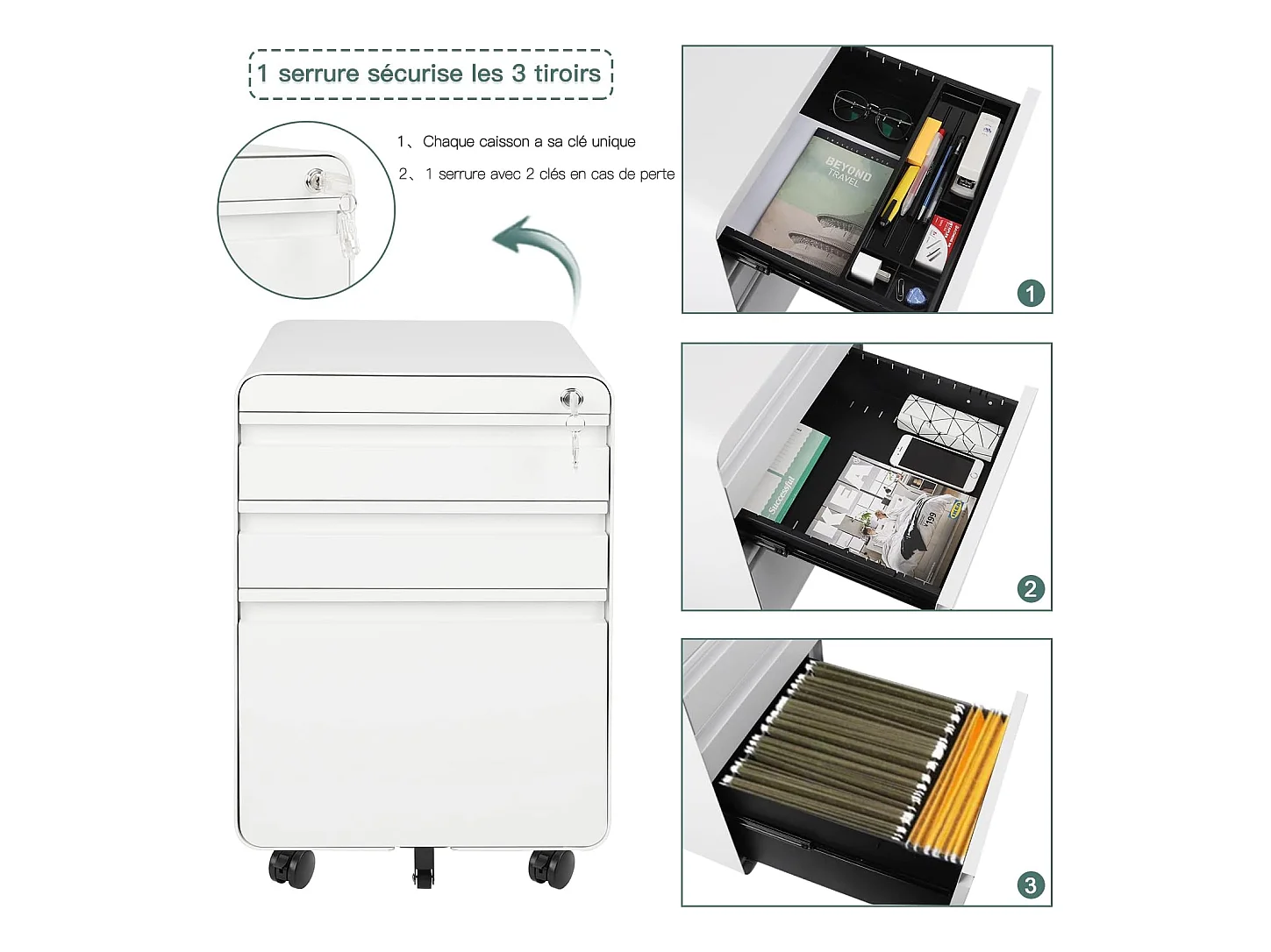 Kantooreenheid op wielen met 3 laden, hangende archiefkast, afsluitbare metalen archiefkast voor kantoor, thuiskantoor - 40x45x60cm - wit