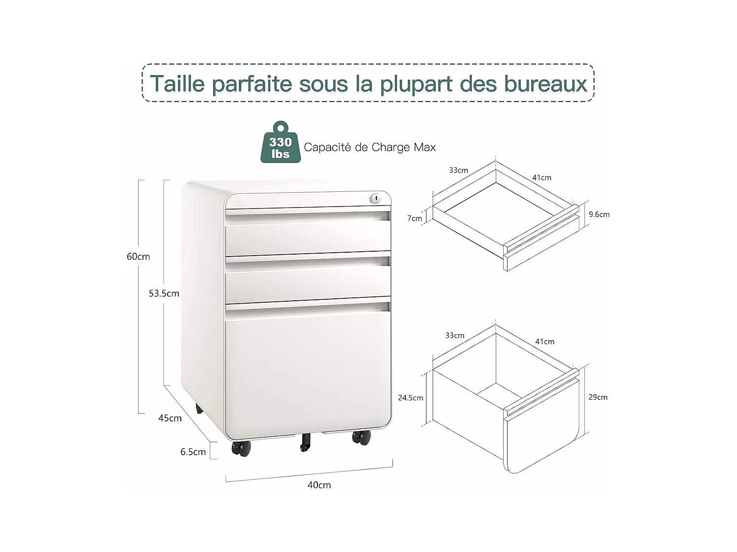 Kantooreenheid op wielen met 3 laden, hangende archiefkast, afsluitbare metalen archiefkast voor kantoor, thuiskantoor - 40x45x60cm - wit