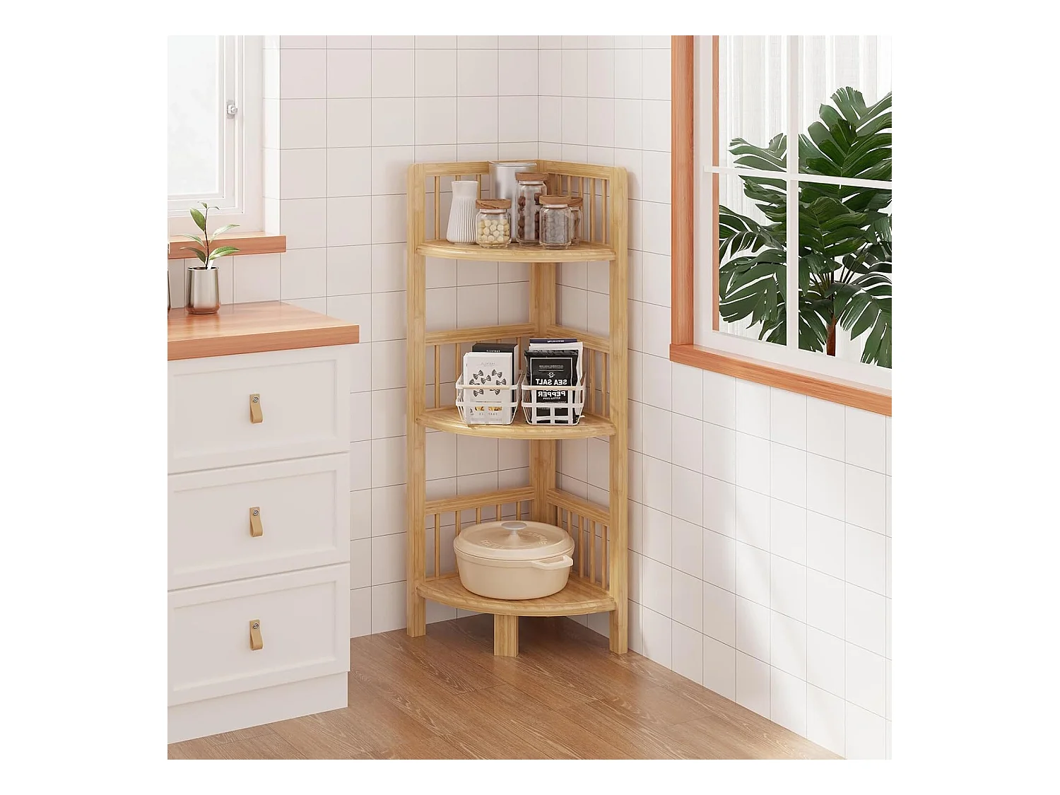 Prateleira de canto 3 níveis em bambu, prateleira de armazenamento para sala de estar na sala de banheiro da cozinha corredor 89 x 30 x 30 cm - natural