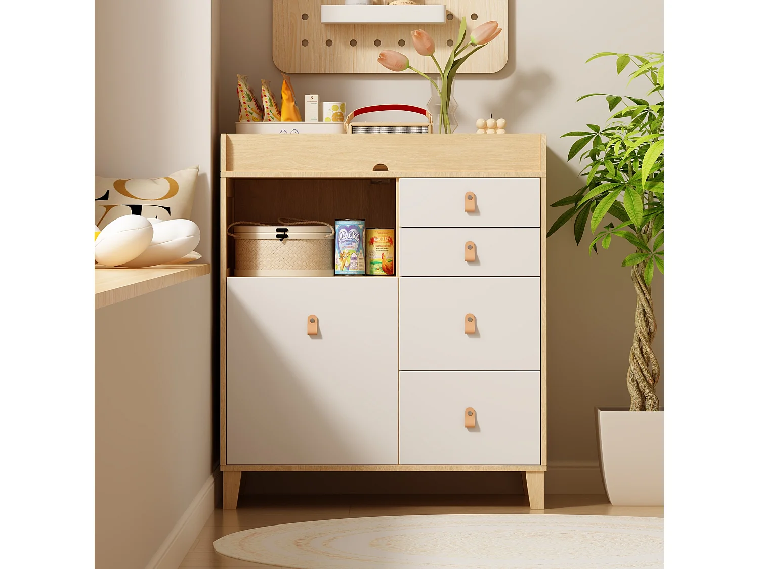 Commode à langer Meuble à langer avec 5 tiroirs Compariment ouverts Chambre bébé 85x46x99cm façade Blanc